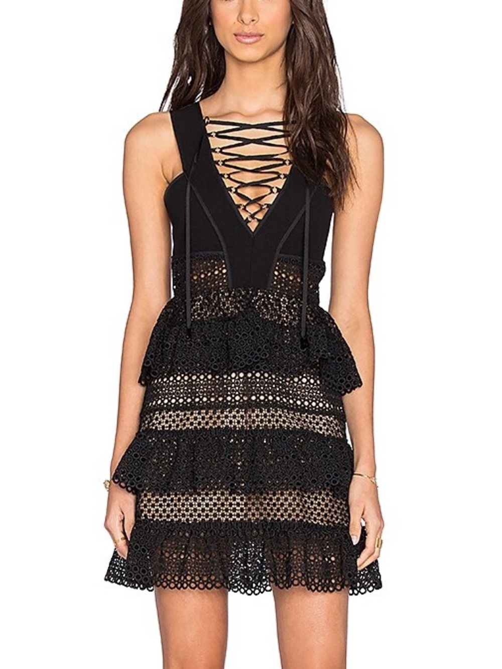 Self-Portrait Black Lace Up Tiered Eyelet Mini Dress Size 4